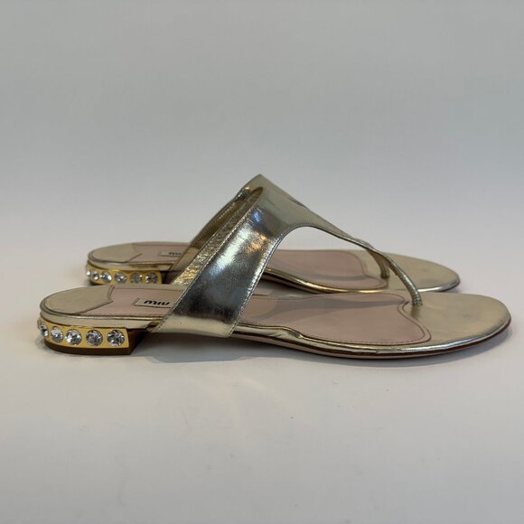 Miu Miu Metallic Gold Sandals with Rhinestone Heel Design, Size 41 EU - Picture 5 of 16